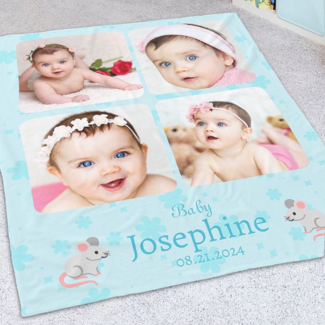 Custom Cute Blue Baby Name Photo  Fleece Blanket (Creator Uploaded)