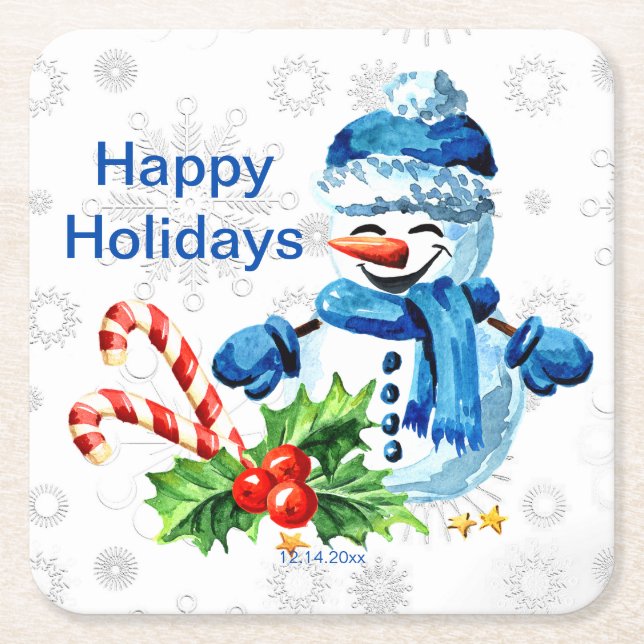  Custom Cute Blue Snowman Christmas Party Square Paper Coaster (Front)