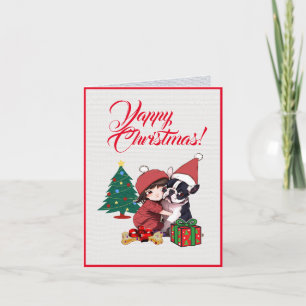 Custom Cute Boston Terrier With Little Girl Xmas  Card