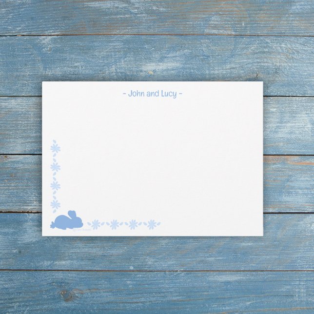 Custom Cute Bunny Flowers Simple Blue Note Card (Creator Uploaded)