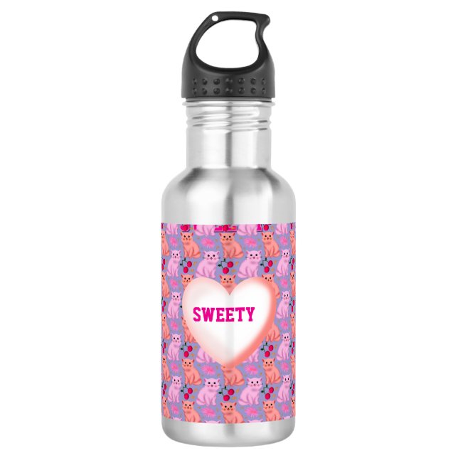 Custom Cute Cat Cherry Floral Pattern 532 Ml Water Bottle (Front)