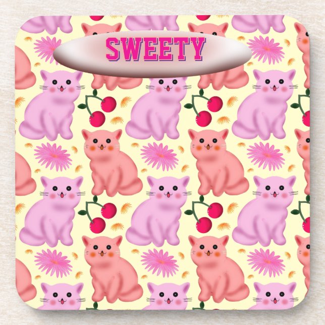 Custom Cute Cat Cherry Floral Pattern Coaster (Front)