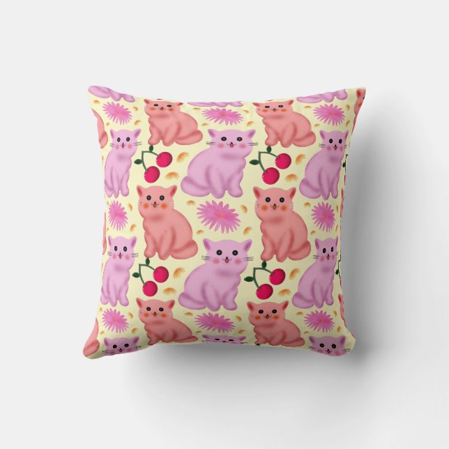 Custom Cute Cat Cherry Floral Pattern Cushion (Back)
