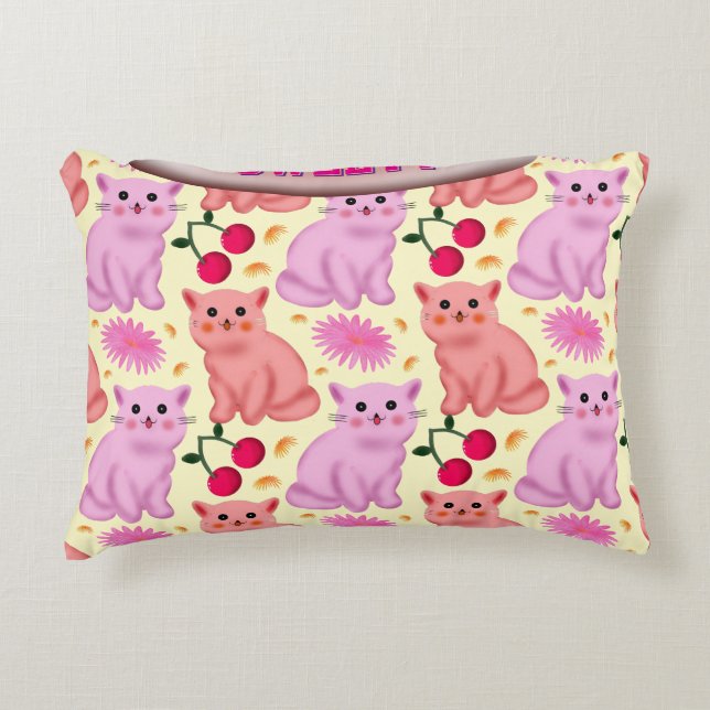 Custom Cute Cat Cherry Floral Pattern Decorative Cushion (Front)