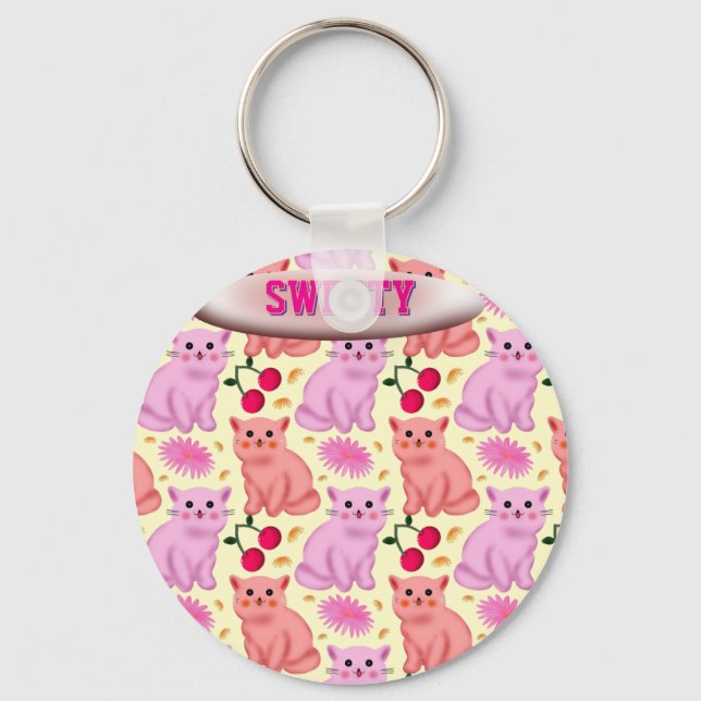 Custom Cute Cat Cherry Floral Pattern Key Ring (Front)