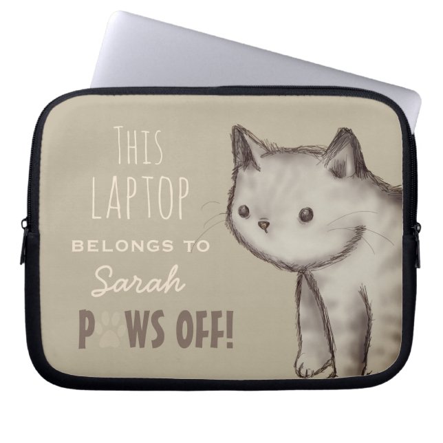 Custom Cute Cat Illustration Paws Off Personalised Laptop Sleeve (Front)