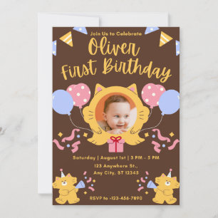 Custom Cute Cat Photo 1st Birthday Invitation