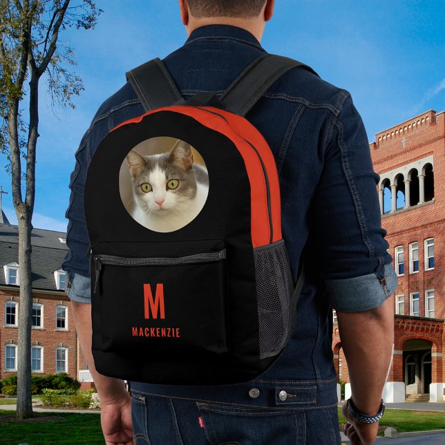 Custom Cute Cat Photo Orange Monogram Personalised Printed Backpack (Creator Uploaded)