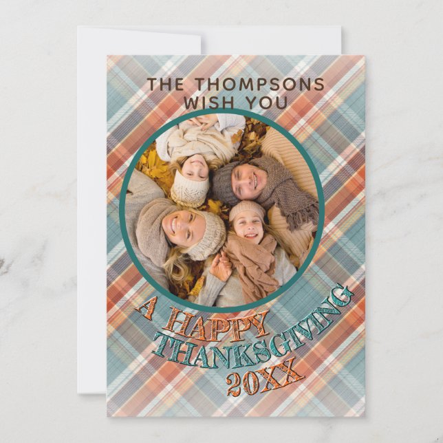 Custom Cute Cheerful Thanksgiving Plaid Pattern Holiday Card (Front)