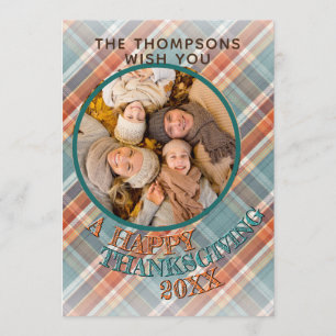 Custom Cute Cheerful Thanksgiving Plaid Pattern Holiday Card