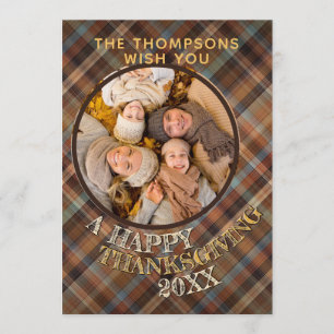 Custom Cute Cheerful Thanksgiving Plaid Pattern Holiday Card