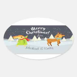 Custom Cute Christmas Bunny and Deer Illustration Oval Sticker