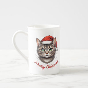 Custom Cute Christmas Cat with Santa Hat Bone China Mug