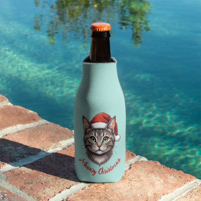 Custom Cute Christmas Cat with Santa Hat Bottle Cooler (In Situ Pool)
