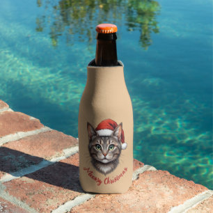 Custom Cute Christmas Cat with Santa Hat Bottle Cooler