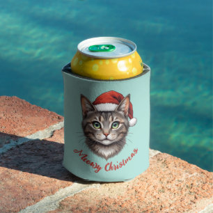 Custom Cute Christmas Cat with Santa Hat Can Cooler