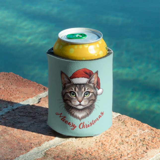 Custom Cute Christmas Cat with Santa Hat Can Cooler (In Situ Pool)