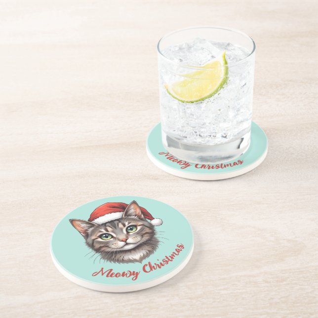 Custom Cute Christmas Cat with Santa Hat Coaster (Side)