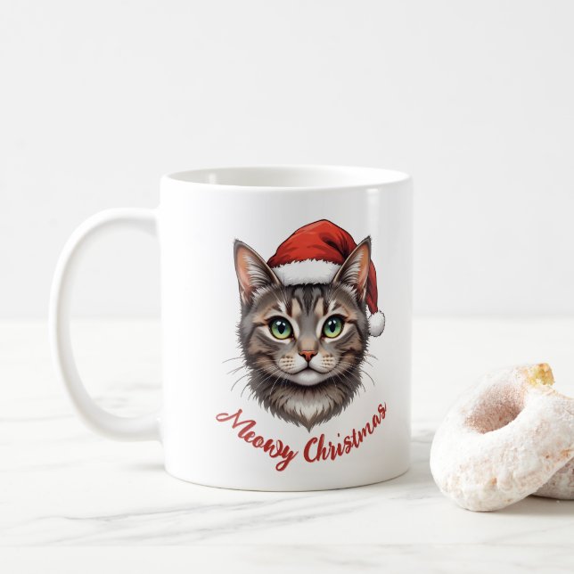 Custom Cute Christmas Cat with Santa Hat Coffee Mug (With Donut)