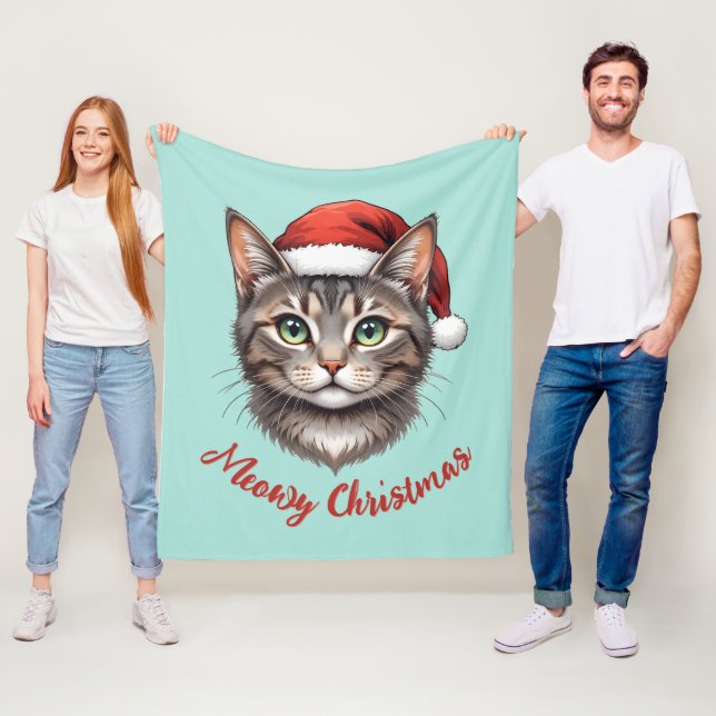 Custom Cute Christmas Cat with Santa Hat Fleece Blanket (In Situ)