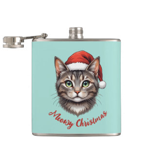 Custom Cute Christmas Cat with Santa Hat Hip Flask