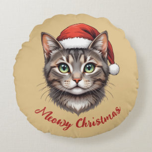 Custom Cute Christmas Cat with Santa Hat Round Cushion