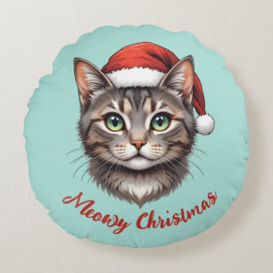 Custom Cute Christmas Cat with Santa Hat Round Cushion