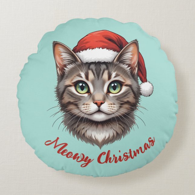 Custom Cute Christmas Cat with Santa Hat Round Cushion (Front)