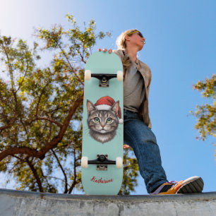 Custom Cute Christmas Cat with Santa Hat Skateboard