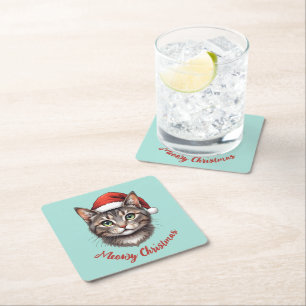 Custom Cute Christmas Cat with Santa Hat Square Paper Coaster