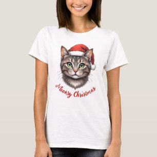 Custom Cute Christmas Cat with Santa Hat T-Shirt