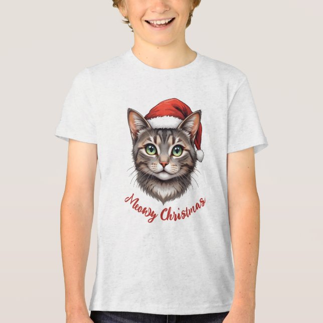 Custom Cute Christmas Cat with Santa Hat Tri-Blend Shirt (Front)