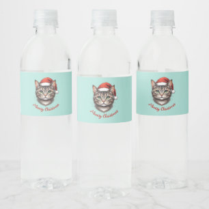 Custom Cute Christmas Cat with Santa Hat Water Bottle Label