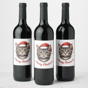 Custom Cute Christmas Cat with Santa Hat Wine Label
