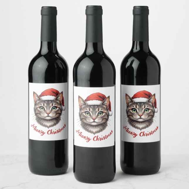 Custom Cute Christmas Cat with Santa Hat Wine Label (Bottles)