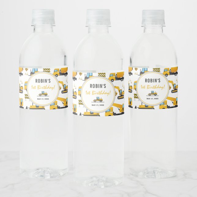 Custom Cute Construction Trucks Themed Drinks Water Bottle Label (Bottles)