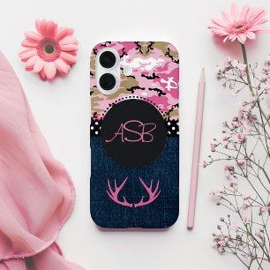 Custom Cute Dark Blue Jeans Pink Antler Camo iPhone 16 Case