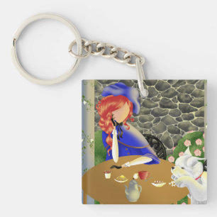 Custom Cute Dog & Lady in Sunset Cafe Key Ring