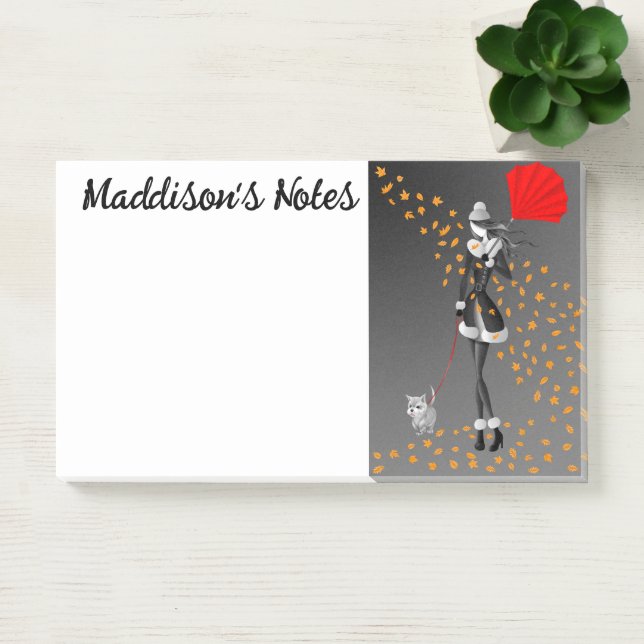 Custom Cute Dog Walker Autumn Leaves Grey  Post-it Notes (Office)