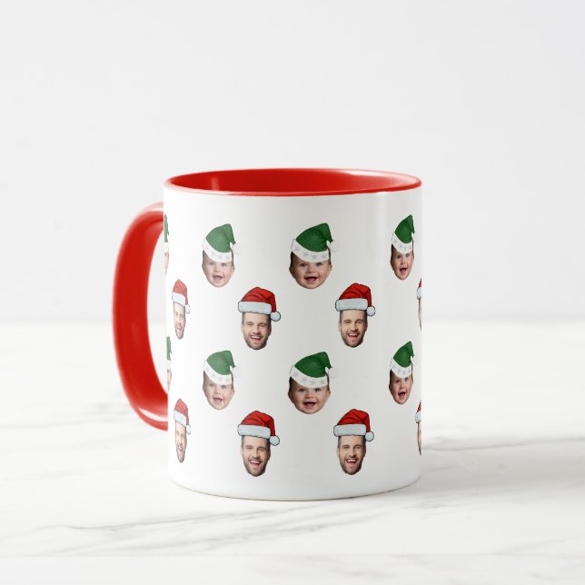 Custom Cute Face 2 Photos Santa Hat Christmas Gift Mug (Front Left)