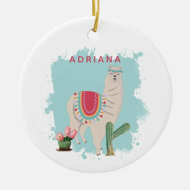 Custom Cute Fiesta Llama & Cactus Ceramic Tree Decoration (Front)