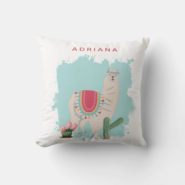 Custom Cute Fiesta Llama & Cactus Nursery Cushion (Front)