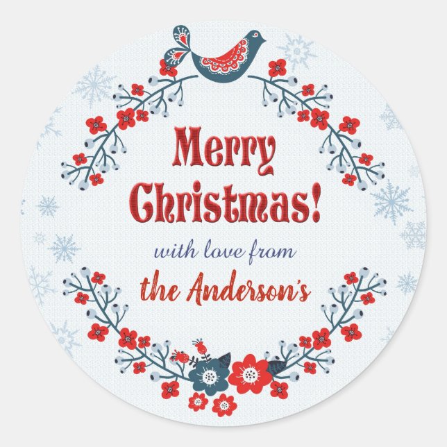 Custom Cute Folk Art Merry Christmas Wreath Classic Round Sticker (Front)