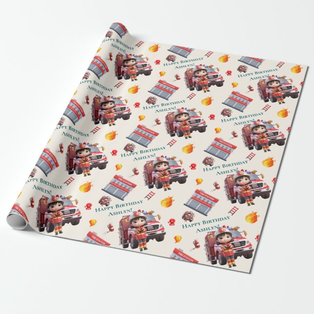 Custom Cute Fun 3D Firefighter Girls Birthday |  Wrapping Paper (Unrolled)