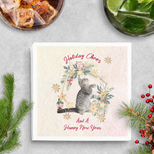 Custom Cute Fun Cat Snowflakes Greenery Christmas Napkin