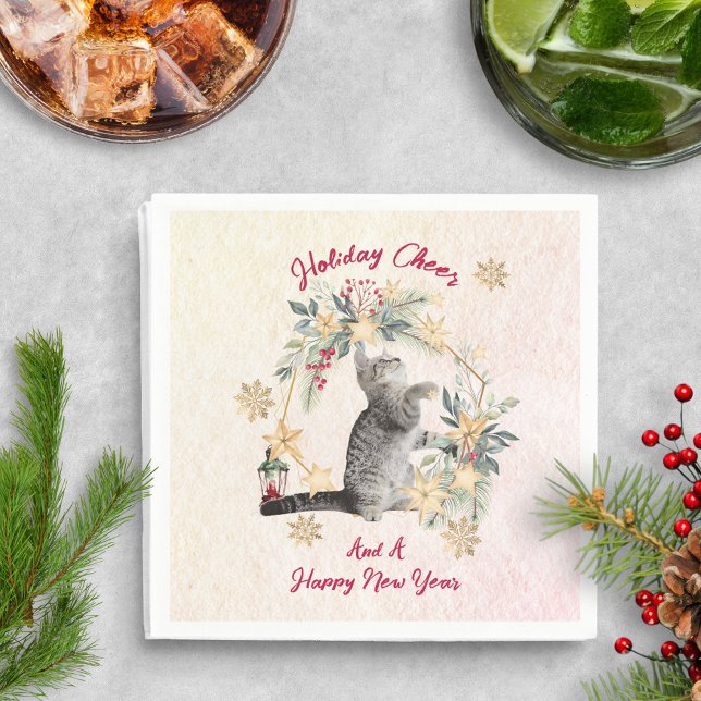 Custom Cute Fun Cat Snowflakes Greenery Christmas Napkin (Creator Uploaded)