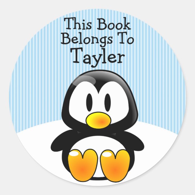 Custom Cute Funny Cartoon Penguin Blue Stripes Classic Round Sticker (Front)