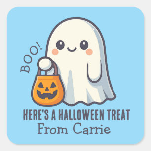 Custom Cute Ghost with Halloween Candy Treat Bag Square Sticker