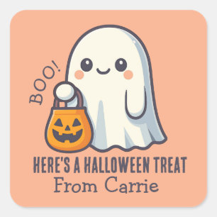Custom Cute Ghost with Halloween Candy Treat Bag Square Sticker