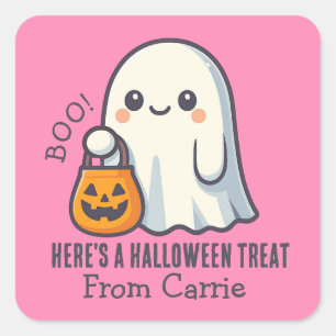 Custom Cute Ghost with Halloween Candy Treat Bag Square Sticker